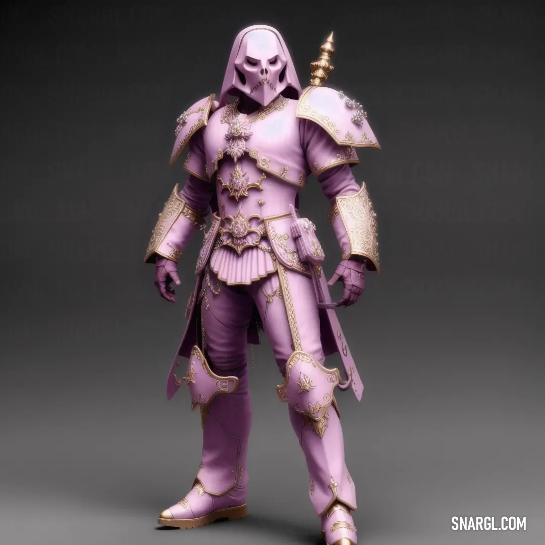 Purple and gold colored character is standing in a pose with a sword in his hand and a helmet on his head