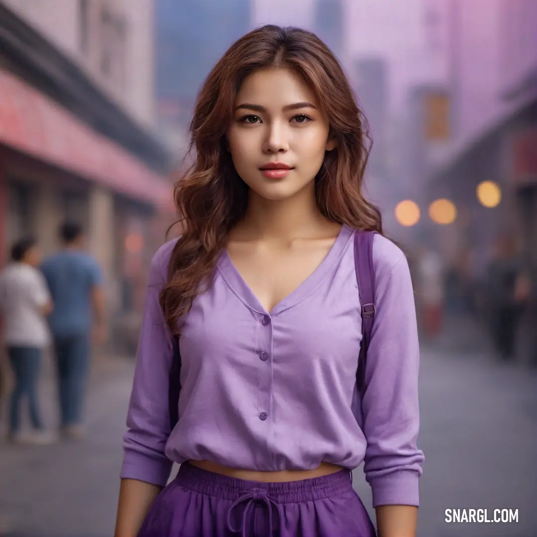 Woman standing on a street with a purple shirt on and a purple bag on her shoulder. Color RGB 214,202,221.