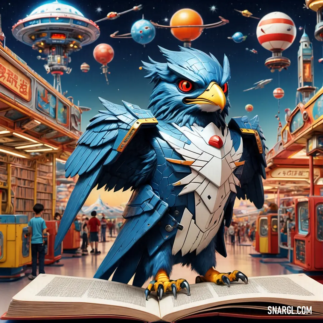 Book with a bird on top of it in a mall with a sky background. Example of CMYK 76,38,0,39 color.