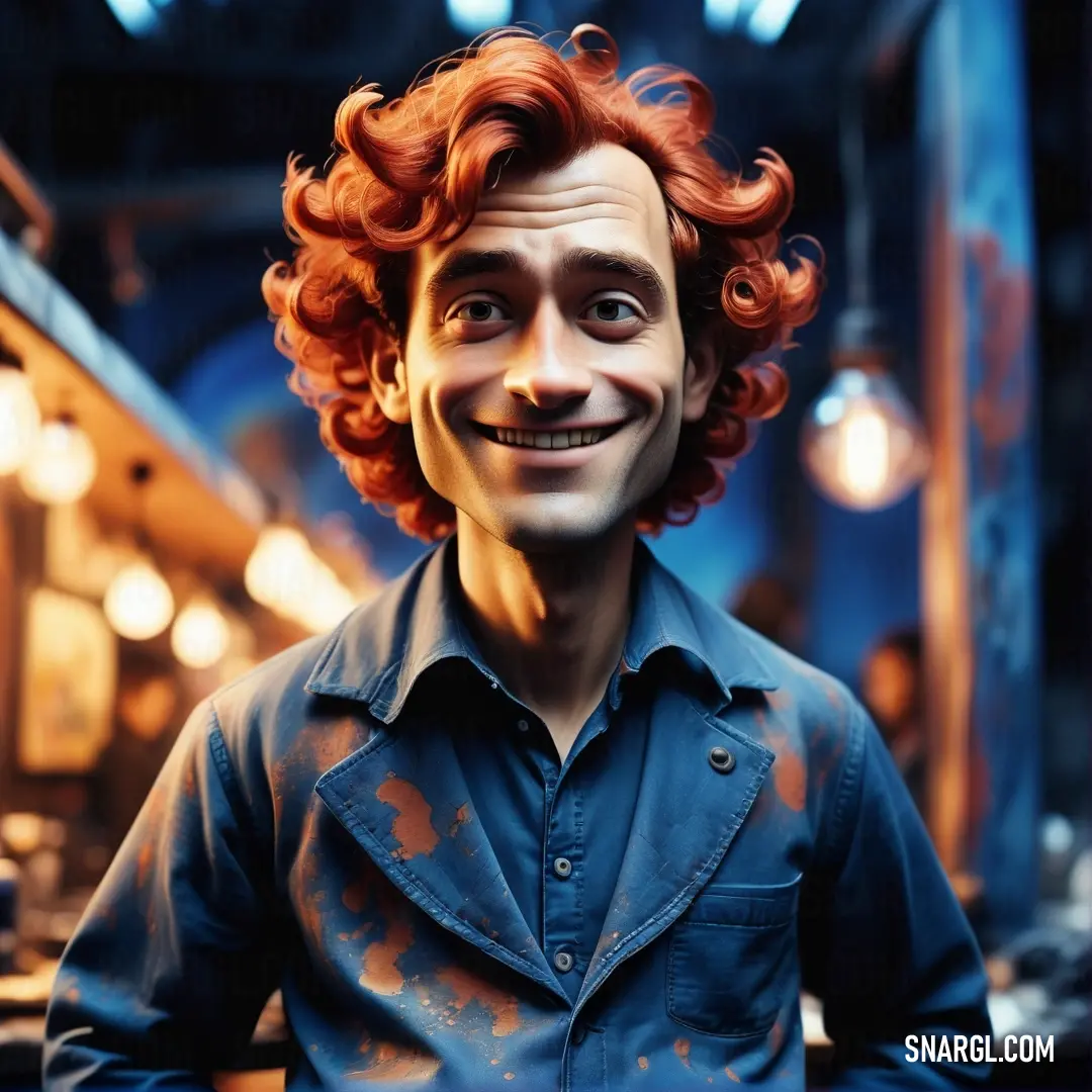 Man with red hair and a blue shirt is smiling at the camera with a weird look on his face. Color #26619C.