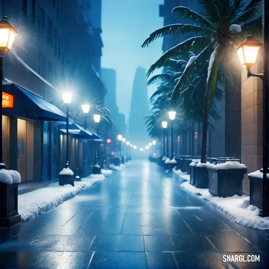 Street with a palm tree and street lights on it in the snow at night time. Example of CMYK 76,38,0,39 color.