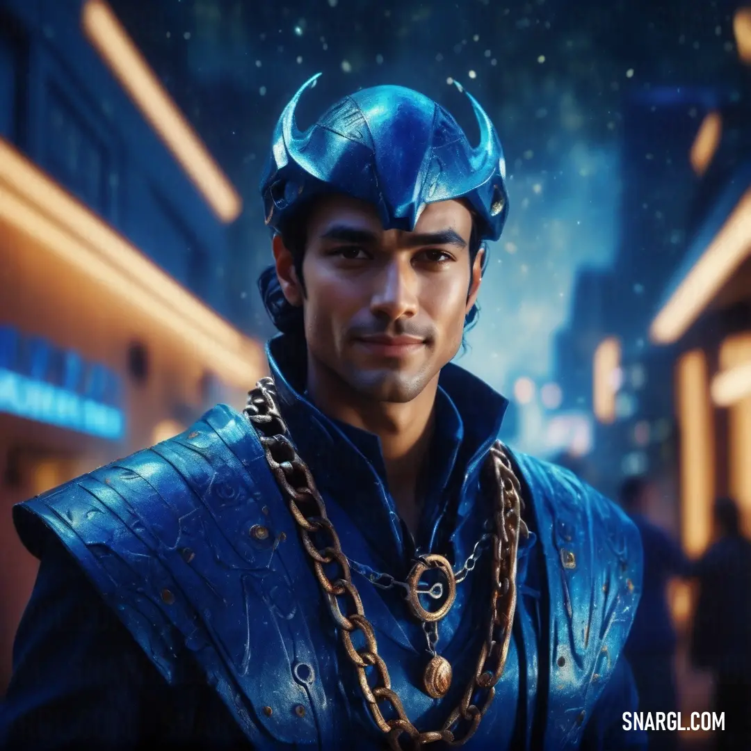 Man in a blue costume with chains around his neck. Example of #26619C color.