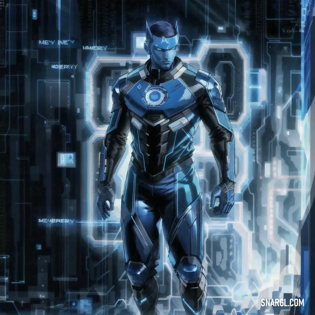 Man in a futuristic suit standing in front of a blue background with a futuristic design on it's chest