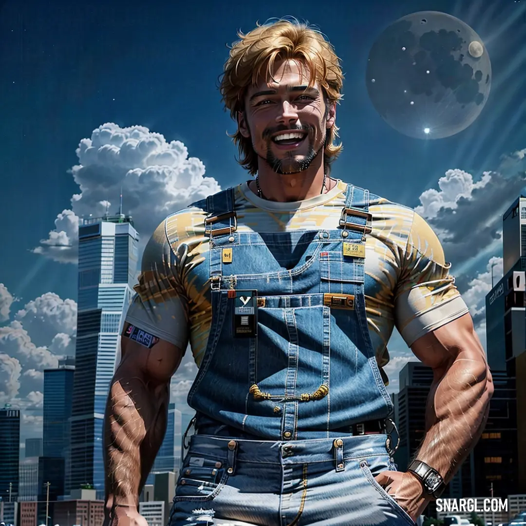 Man with a beard and overalls standing in front of a cityscape with a bubble in the sky
