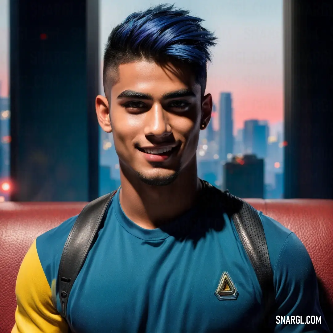 Man with a blue mohawk and a blue shirt is smiling at the camera with a city in the background