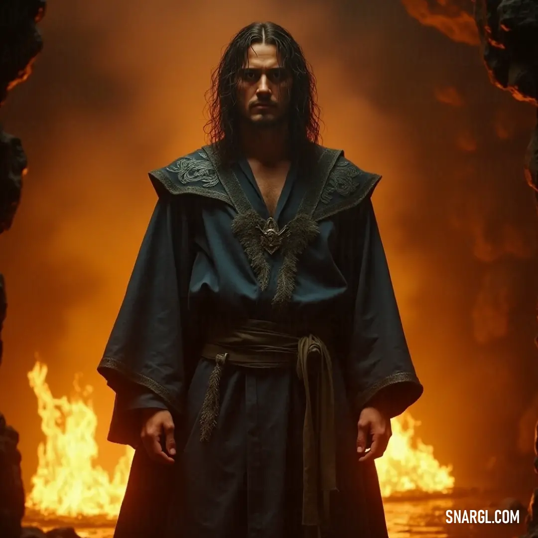Before a blazing inferno, this mysterious figure cloaked in a flowing robe stands resolute, illuminated by the flames that dance behind him, embodying an intriguing mix of warmth and imminent adventure. A mystical individual in a flowing robe stands confidently at the entrance of a fiery cave, with glowing flames roaring behind, as expressions of warmth and danger intermingle in the light of the flickering fire.