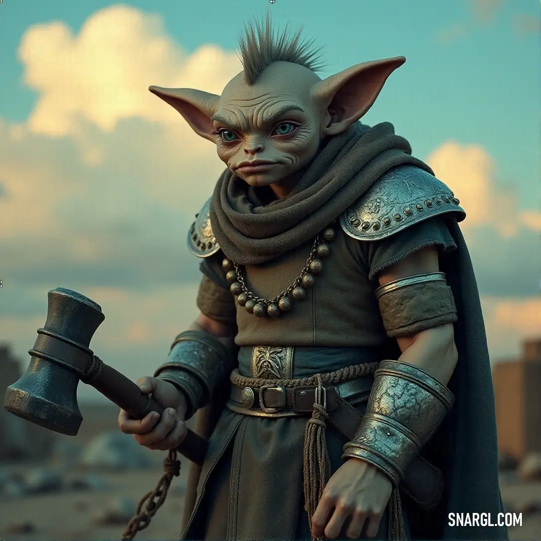 Largo Boffin, dressed in rugged attire, stands tall with a hammer in one hand and a thick chain wrapped around his neck. His intense gaze, combined with a subtle nose, gives him an air of mystery and strength, preparing for a powerful action.