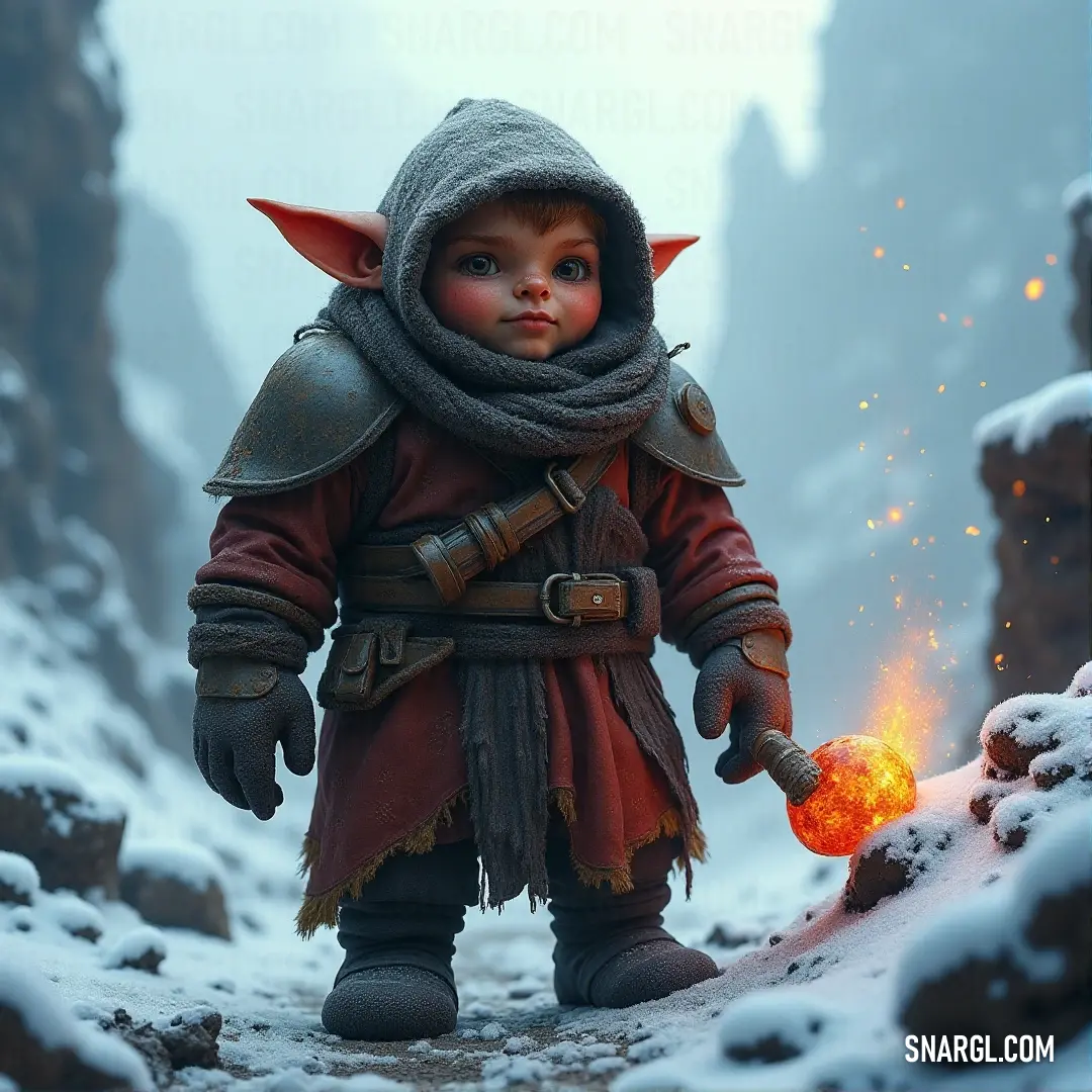A young Largo Boffin, dressed in an elaborate costume, stands proudly in a snowy landscape. He holds a fiery ball of magic in his hands, with a towering mountain in the distance, making him look both powerful and mystical against the winter scene.