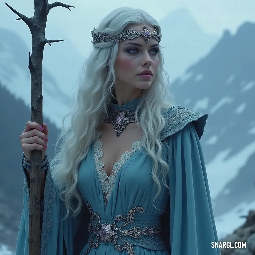 A woman in a flowing blue dress stands proudly with a staff, set against the majestic backdrop of snow-capped mountains, embodying the spirit of adventure and exploration. A courageous woman dressed in a flowing blue dress grips a staff, positioned powerfully against a breathtaking mountain range capped in pristine snow, representing strength and adventure.