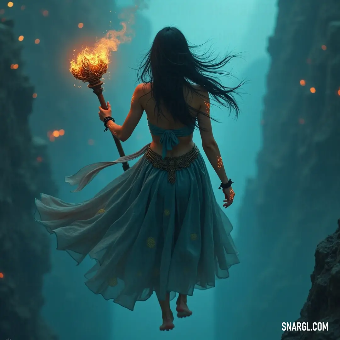 A woman in a flowing blue dress flows through the air, holding a radiant fire stick, while soaring above a narrow canyon bathed in enchanting light and colors. A mystical woman dressed in a flowing blue gown holds a glowing fire stick as she gracefully glides through the air above a narrow canyon, surrounded by vibrant colors and ethereal light.