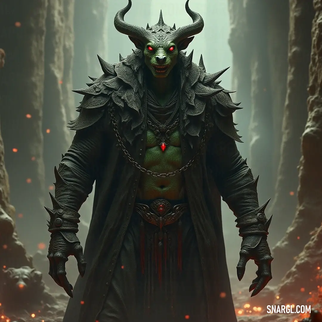 A fearsome demonic lark with prominent horns, lurking in a dark forest landscape filled with rock formations and trees. Emerging from the shadows is a demonic lark with imposing horns and an eerie red eye, set against a backdrop of rugged forest terrain, where rocks and trees evoke a sense of intrigue and foreboding.