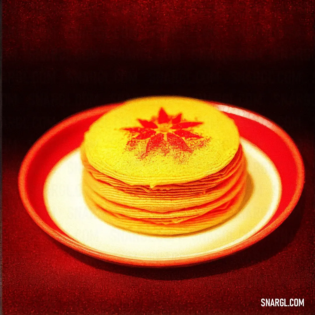 Plate with a stack of pancakes on it on a table top with a red background. Color RGB 254,254,34.