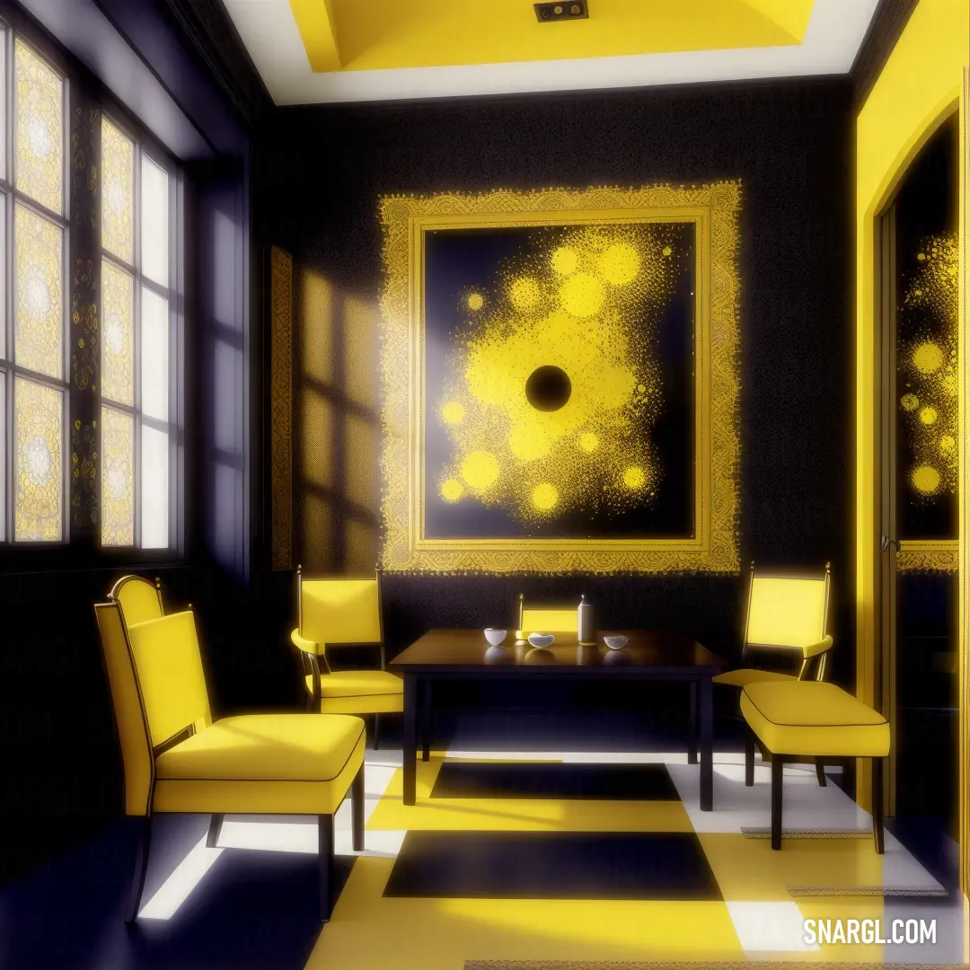 Laser Lemon color example: Room with a table, chairs and a painting on the wall in it's centerpiece