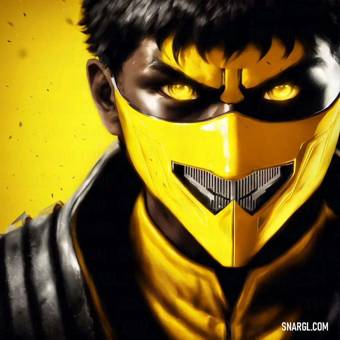 Man in a yellow mask with black hair and yellow eyes and a black jacket and black hair