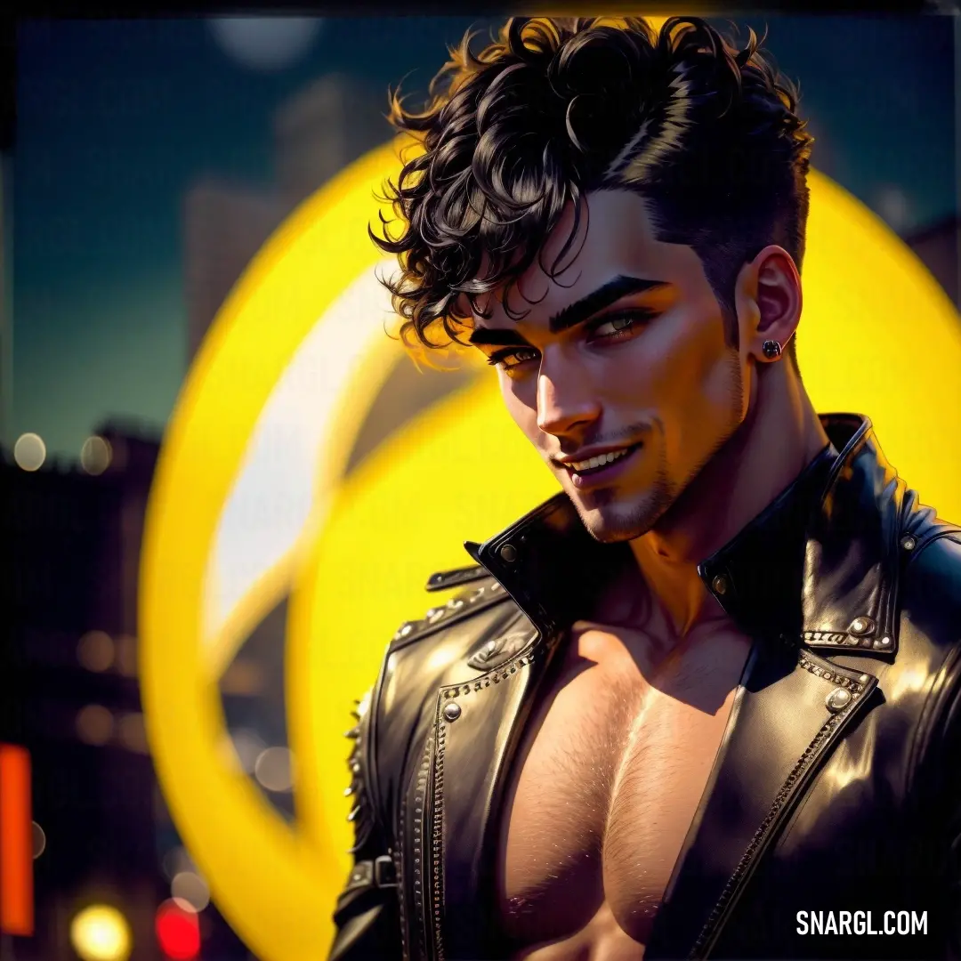 Man with a leather jacket and no shirt on posing for a picture in front of a yellow circle