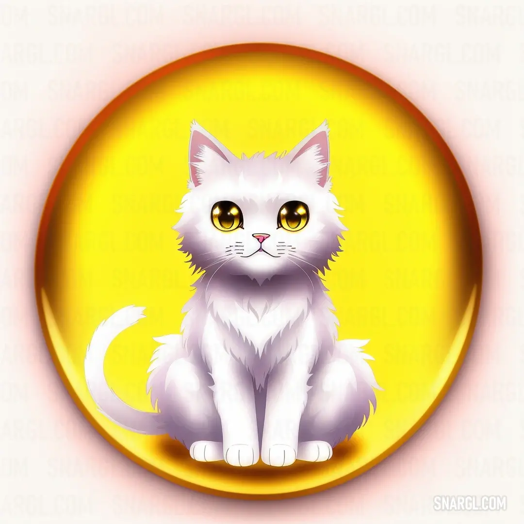 White cat on top of a yellow circle with a yellow background and a white cat