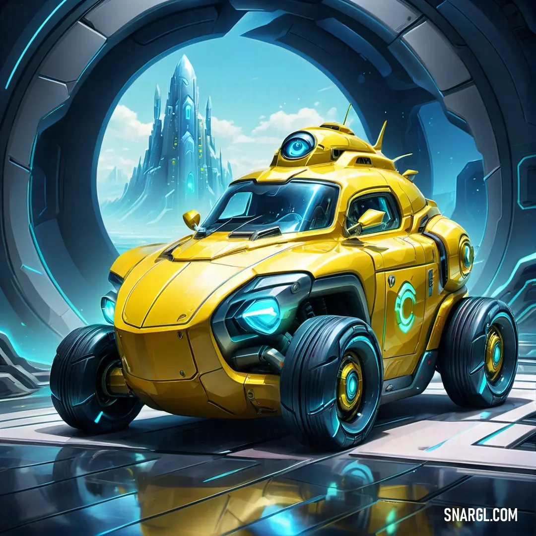 Yellow car with a futuristic design on it's side in a tunnel with a castle in the background. Color #FEFE22.