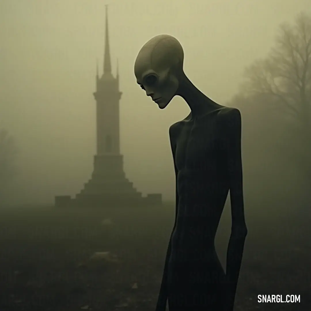 A spine-chilling Laughing Jack figure looms in front of an old clock tower, shrouded in fog, creating a mystique that resonates with the timelessness of forgotten tales and ghostly whispers.