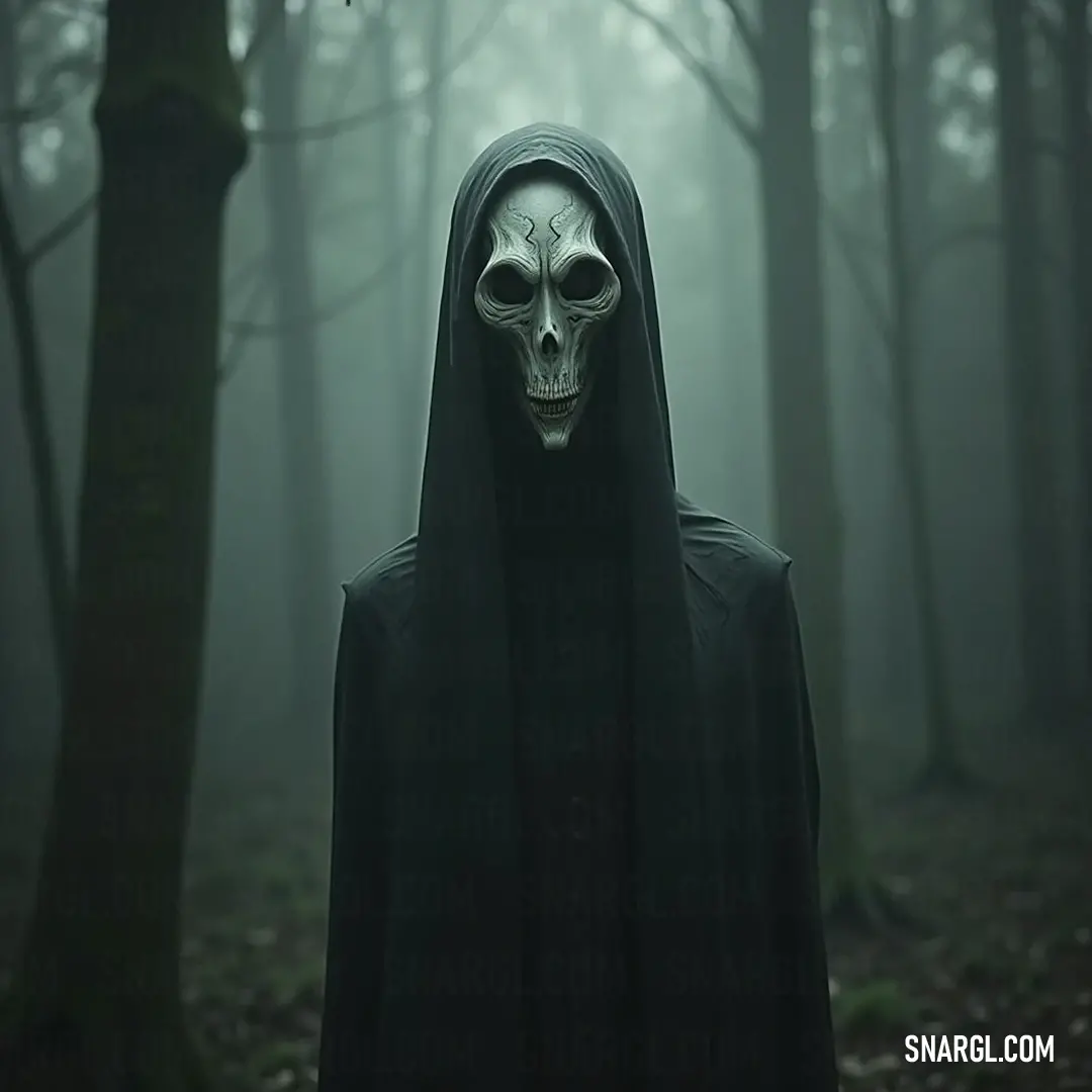 A haunting figure in a skull mask amid fog and trees, embodying chilling mystery and intrigue. Laughing Jack, donned in a hooded suit with a skull mask, stands amidst fog-laden trees, evoking a sense of foreboding as leaves rustle softly in the ghostly breeze.