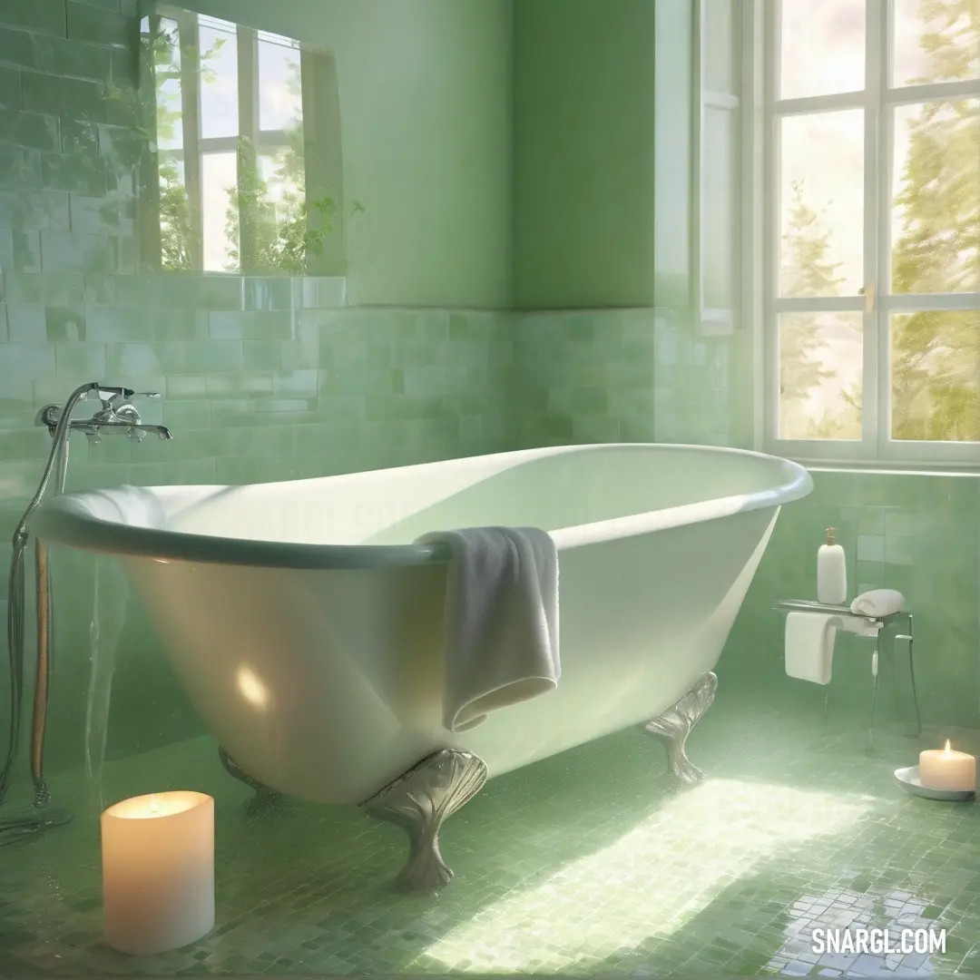 Laurel green color example: Bathroom with a bathtub and candles on the floor and a window in the background