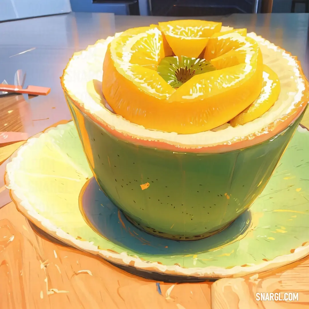 Bowl of oranges on a table with a knife and fork in it. Example of CMYK 9,0,16,27 color.