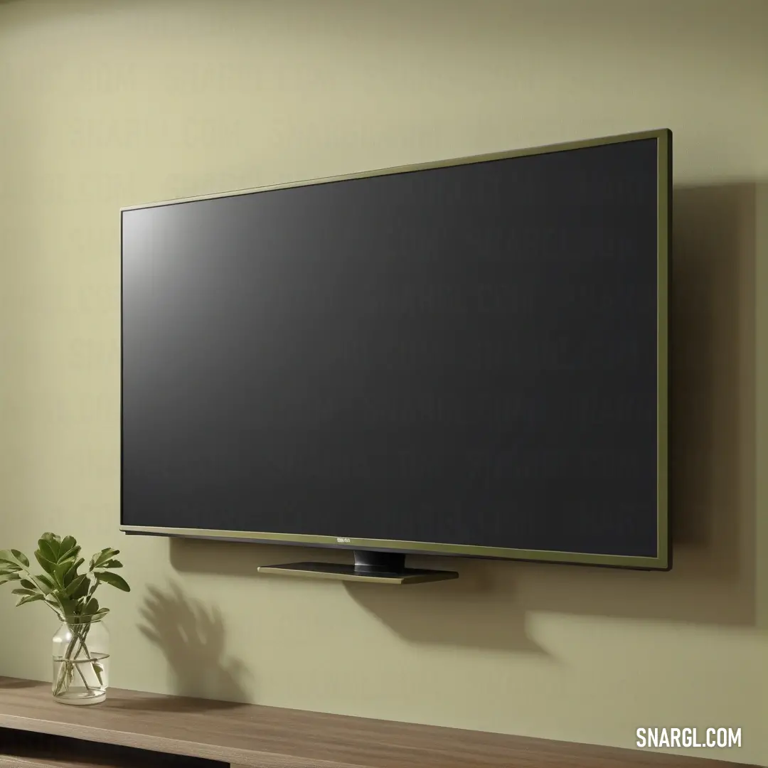 Laurel green color example: Flat screen tv mounted on a wall above a wooden table with a vase of flowers on it and a plant in a vase