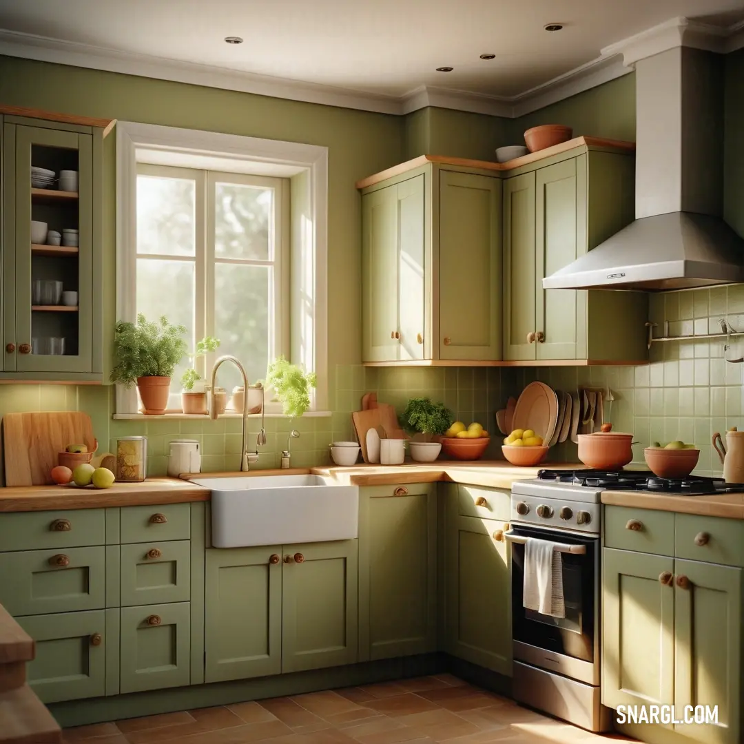 Kitchen with green cabinets and a white stove top oven and a sink with a dishwasher and a window. Example of #A9BA9D color.