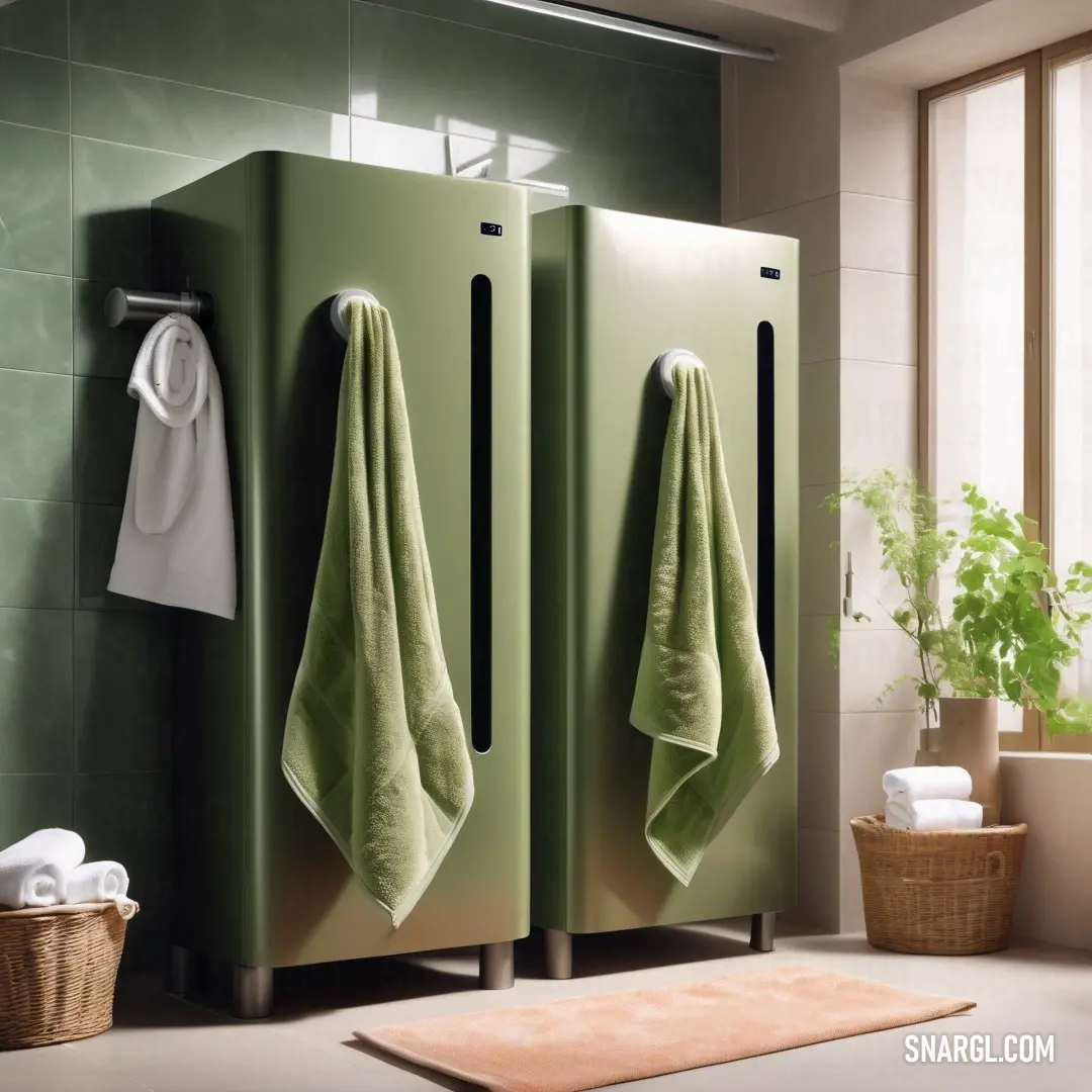 Laurel green color. Bathroom with a green towel and a green cabinet with two towels on it and a basket