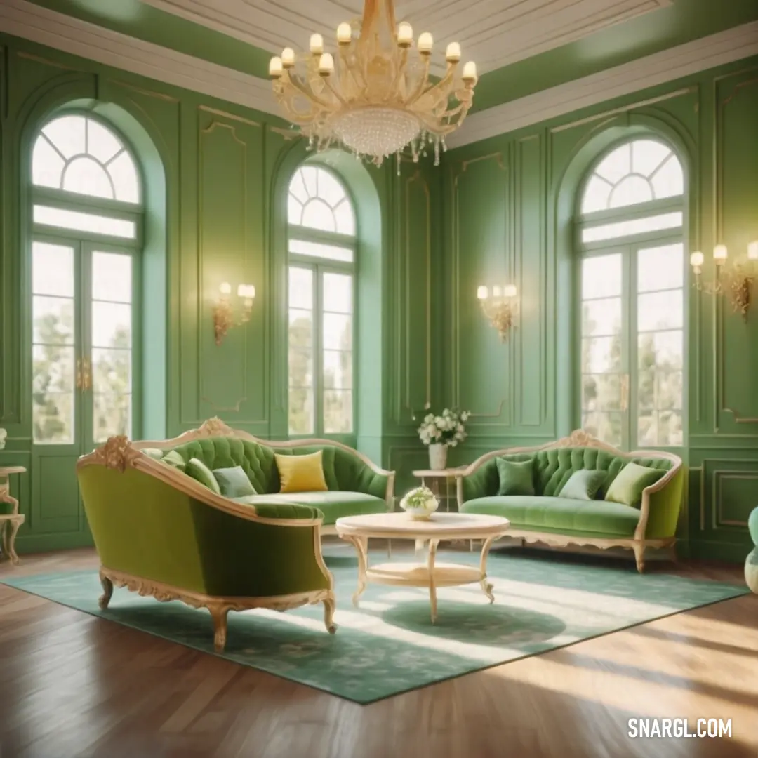 Living room with green walls and a chandelier hanging from the ceiling and a green couch and chair. Color CMYK 9,0,16,27.