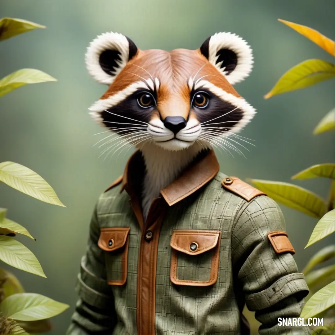 Painting of a raccoon wearing a leather jacket and a leather jacket on his head and shoulders. Example of #A9BA9D color.
