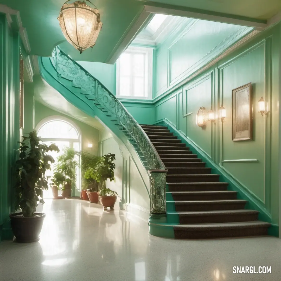 Staircase in a green room with potted plants on the side of it. Color CMYK 9,0,16,27.