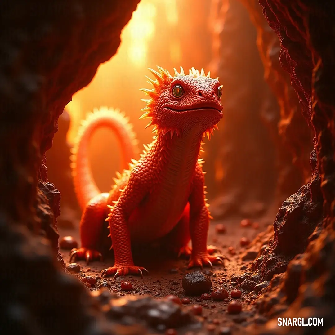 In a dramatic cave setting, a striking red lizard basks in radiant light, illuminating its vibrant scales against the rugged rock wall, a testament to nature's incredible artistry. A bold red lizard emerges from the shadows of a cave, illuminated by a brilliant light that casts enchanting patterns on its scales. The rugged rock wall behind adds a touch of fierce beauty, creating a dramatic scene in the realm of the wild.