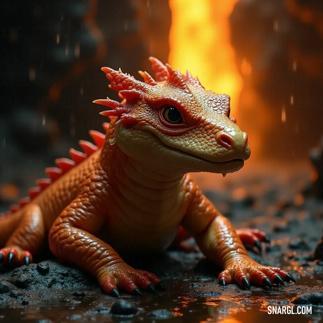 A cheerful toy lizard perched on a glistening wet surface amid raindrops, contrasted by a vivid flame illuminating the scene, merging fun with a hint of adventure. A playful toy lizard resting on a rain-soaked surface, with a vibrant flame flickering in the background, combining whimsy with an edge of excitement.