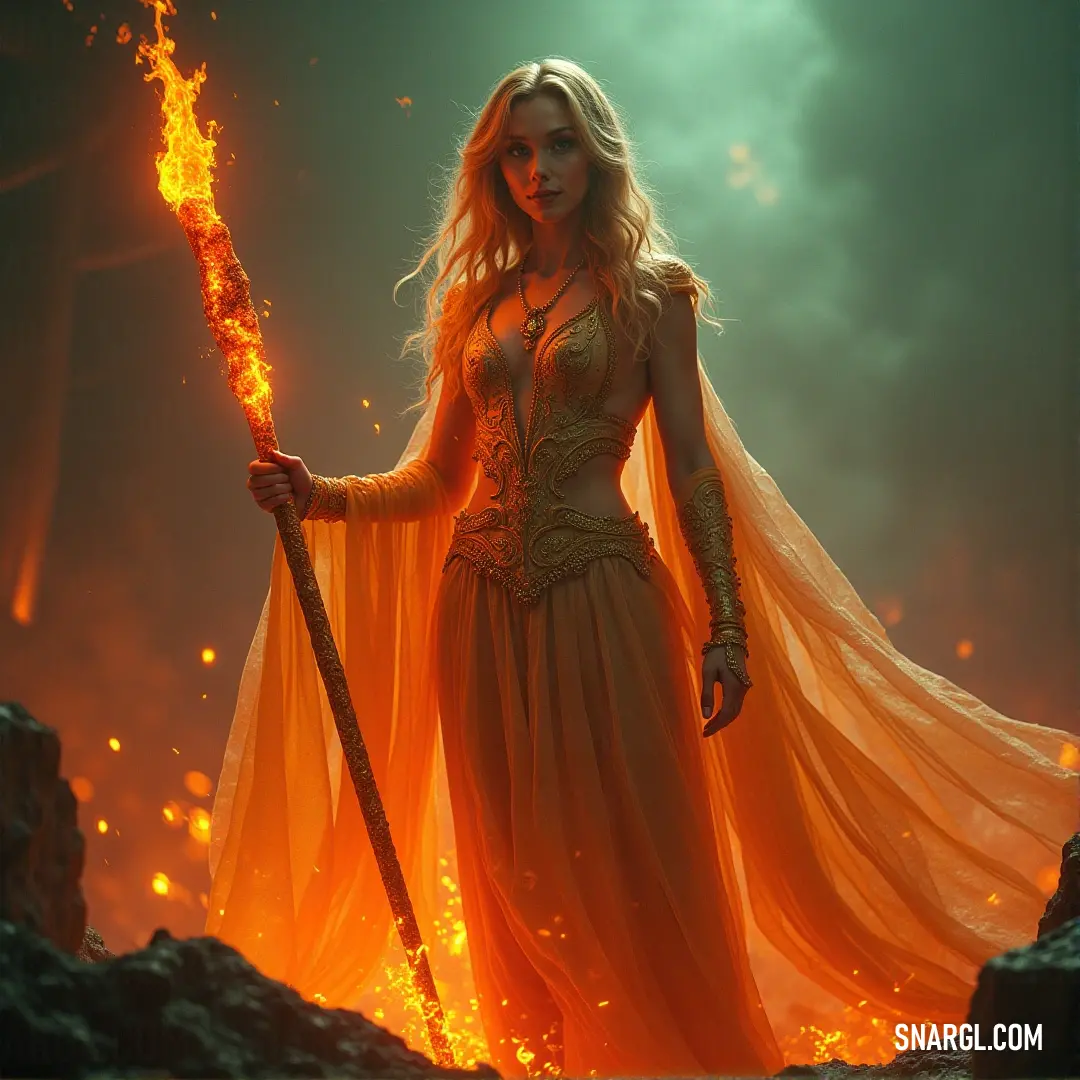 A Lava Spirit in a glowing yellow dress stands in a dark forest, holding a fire staff that lights up the surroundings with its mystical energy and warm glow. The Lava Spirit in a flowing dress holds a fire staff as its yellow glowing dress lights up the dark forest. The vibrant light contrasts with the shadows, creating an ethereal and mystical presence in the forest.