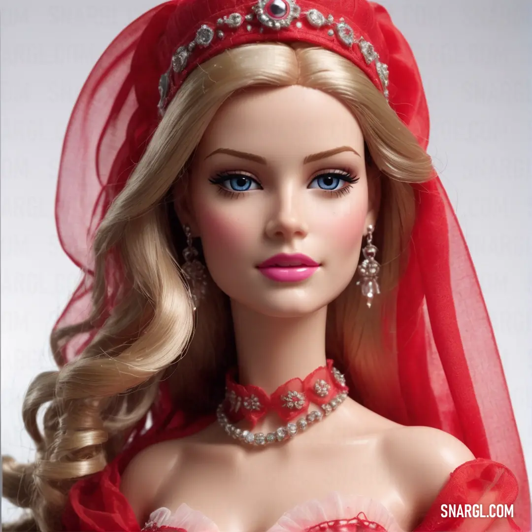 Toy doll wearing a red dress and veil with a tiara on her head and a red veil. Example of Lava color.