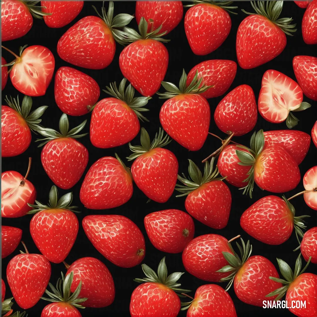 Lava color example: Group of strawberries with green leaves on them are shown in a square frame with a black background