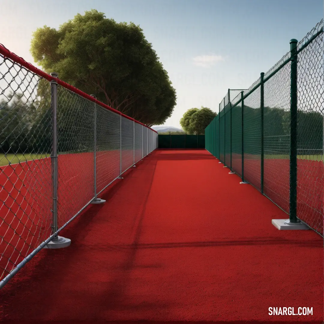 Red carpeted walkway between two fences with trees in the background. Example of RGB 207,16,32 color.