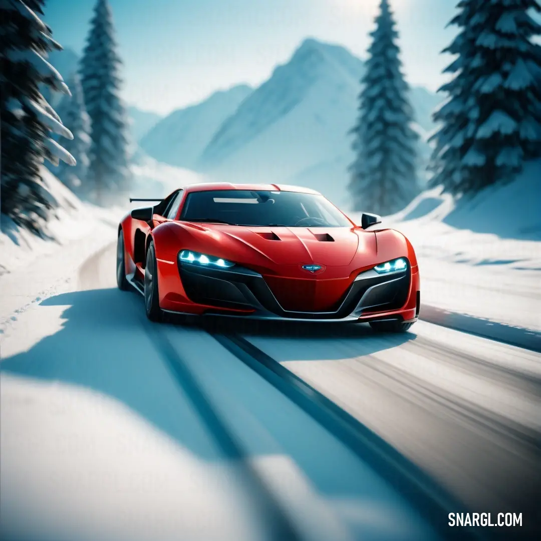 Red sports car driving down a snowy road in the mountains with trees on either side of it. Example of RGB 207,16,32 color.