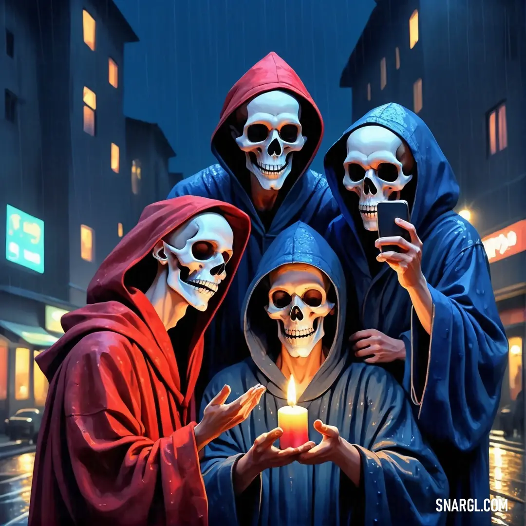 Three skeletons holding a candle in a city street at night with a ghost in the background. Color #CF1020.