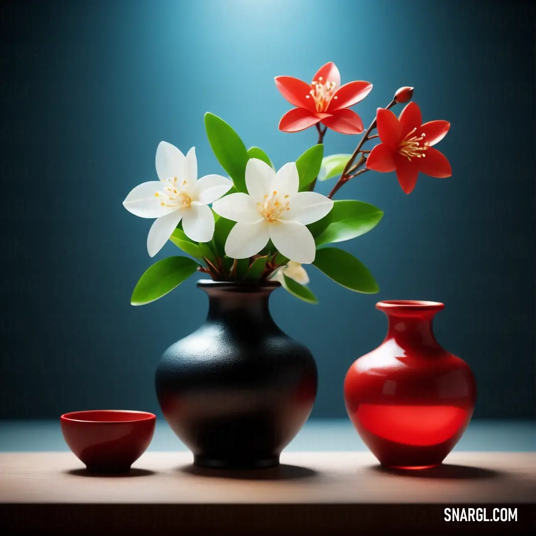 Vase with flowers in it and two bowls on a table next to it, on a blue background. Example of Lava color.