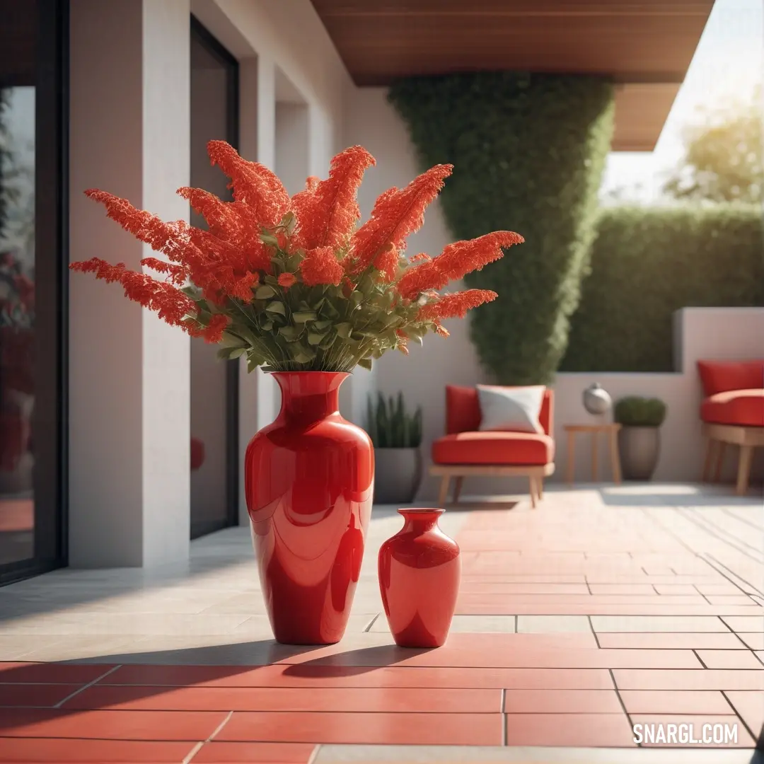 Vase with flowers on a patio with chairs and a table in the background. Example of RGB 207,16,32 color.