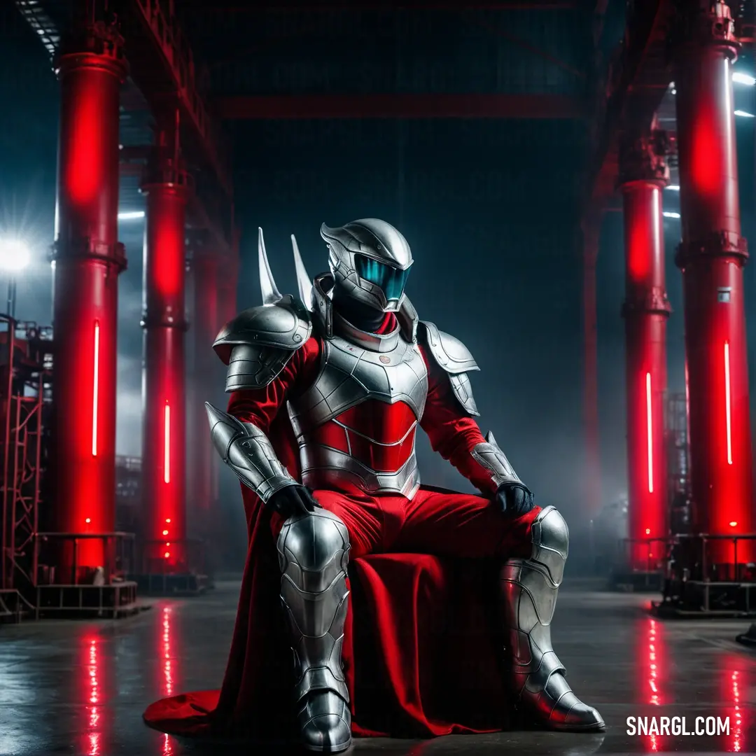 Man in a suit of armor on a chair in a dark room with red columns and lights. Example of Lava color.