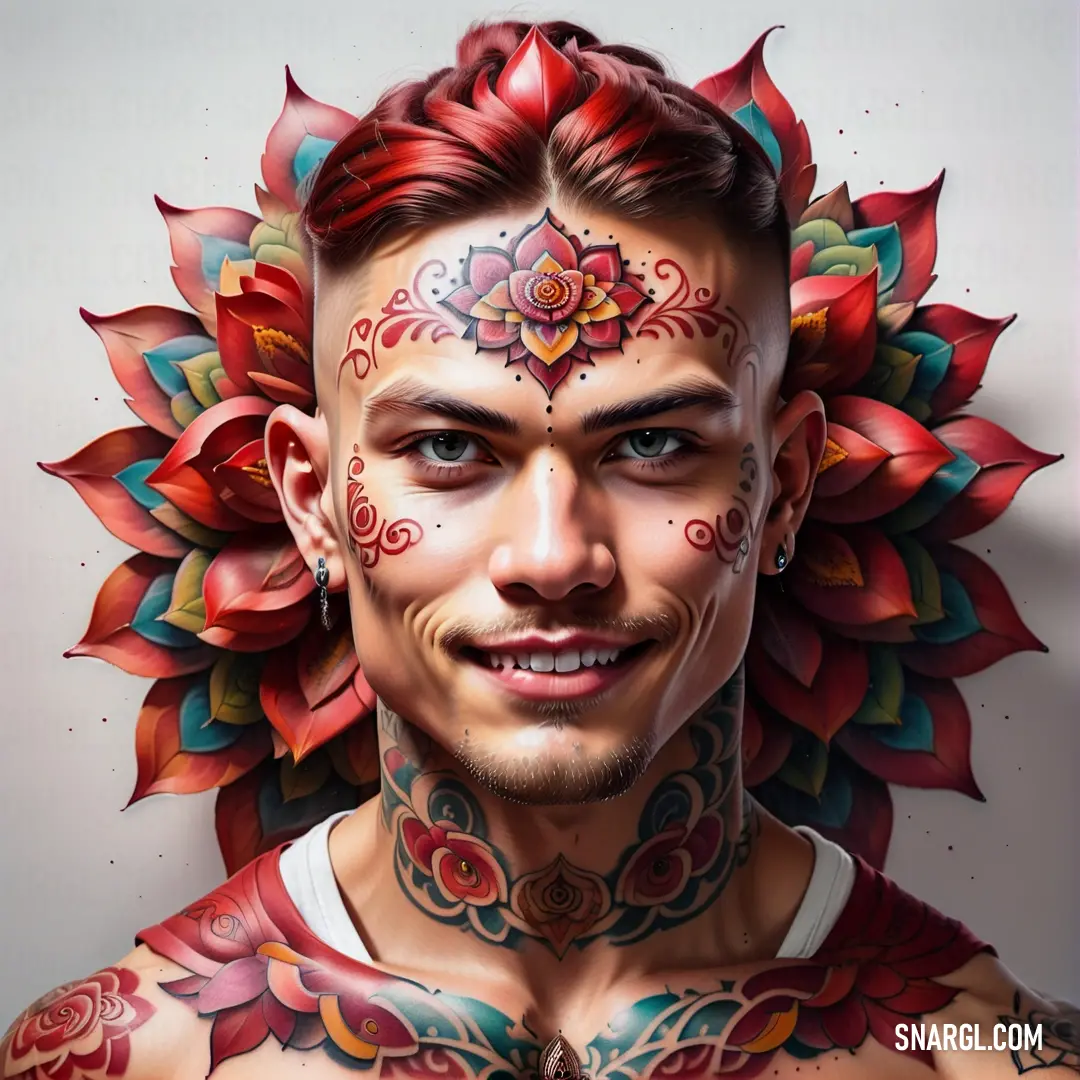 Man with a flower on his face and a flower on his head. Color Lava.