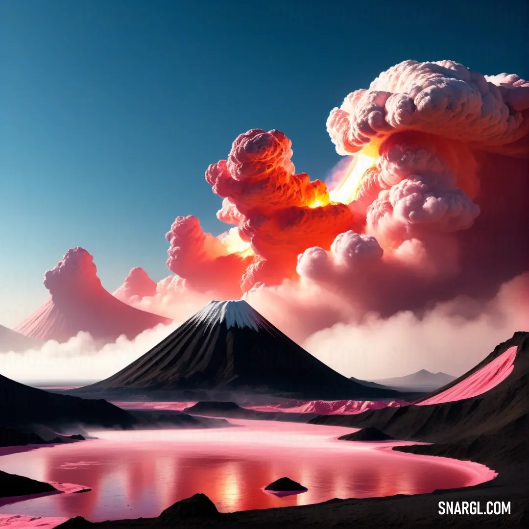 Lava color example: Painting of a volcano with a lake in the foreground and a mountain in the background with clouds