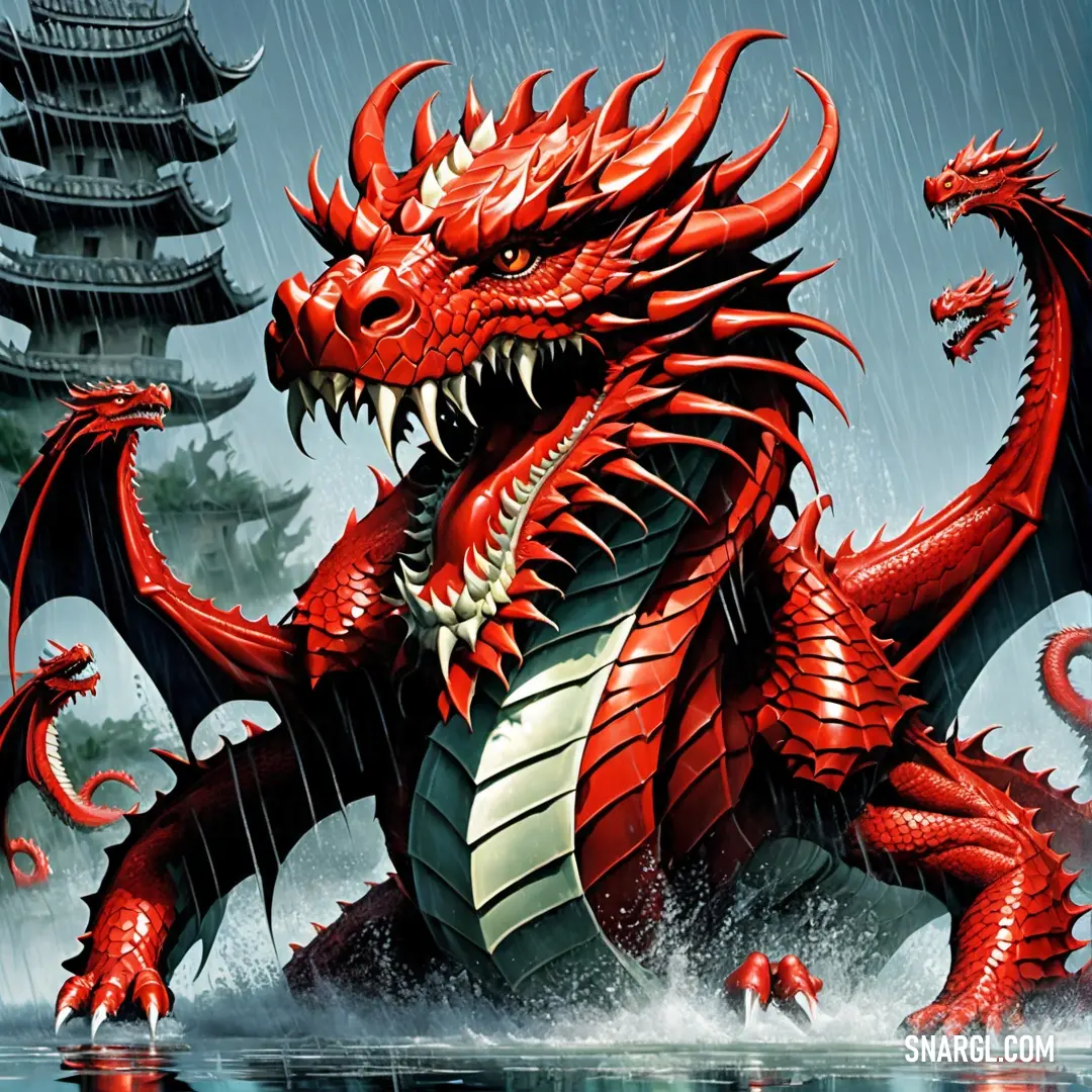 Red dragon is in the water near a pagoda and pagodas in the background. Color CMYK 0,92,85,19.