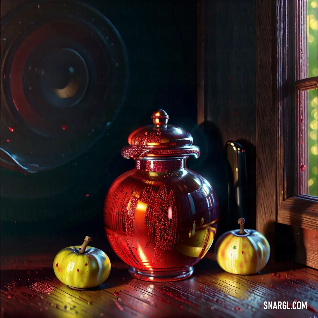 Lava color example: Red glass jar on top of a wooden table next to two yellow pumpkins and a window
