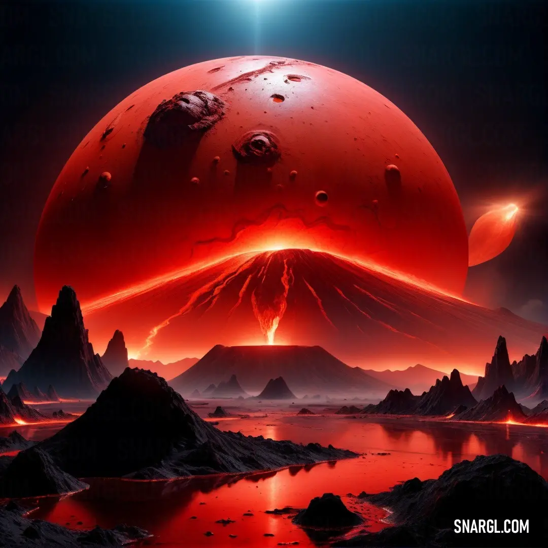 Red planet with a mountain and a lake in the middle of it with a bright red sky and a bright red sun. Color Lava.