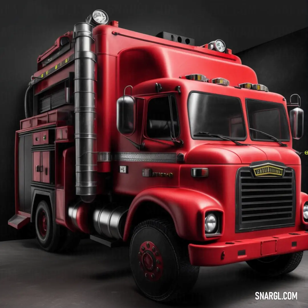 Red truck is parked in a dark room with a black background