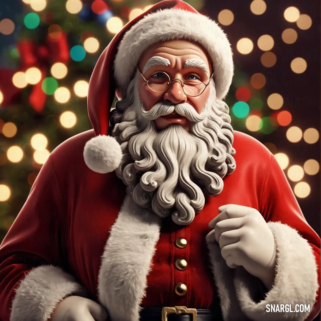 Santa clause is standing in front of a christmas tree with lights on it and a beard and mustache. Example of Lava color.