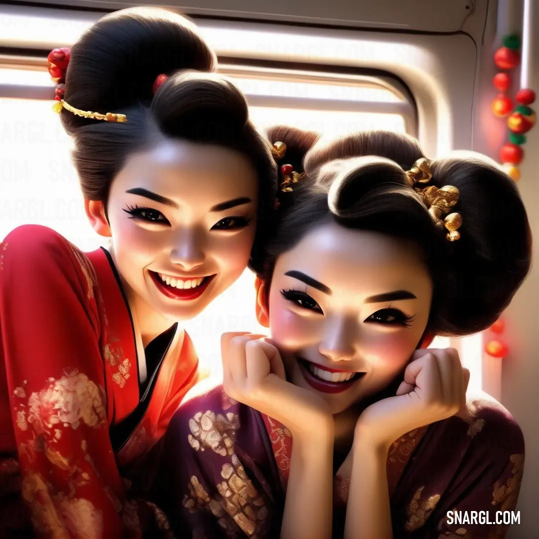 Two asian women are smiling and posing for a picture together. Example of #CF1020 color.